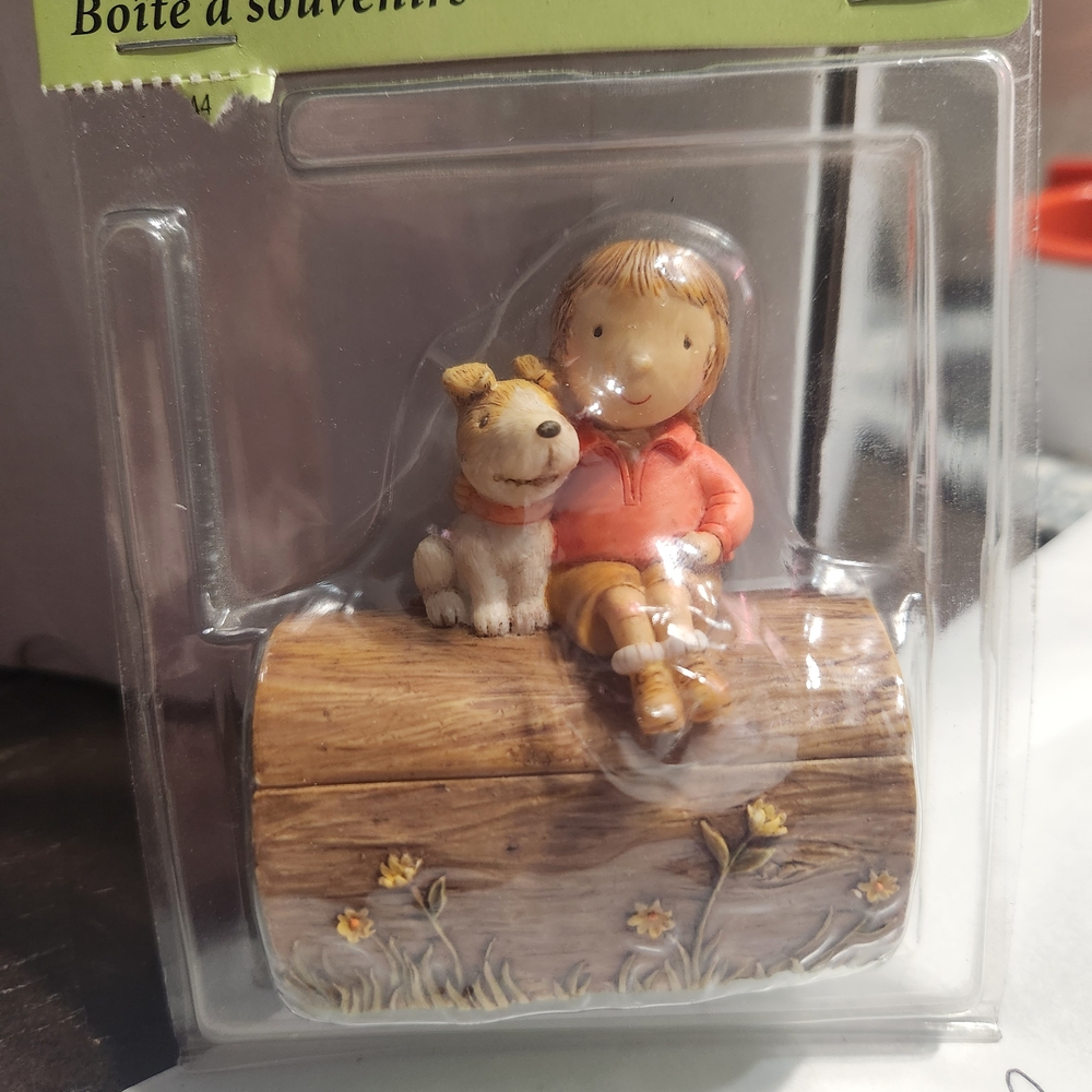 Hallmark Resin Figurine of Girl and Puppy Sitting on Log Trinket Box.